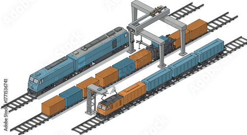 Isometric intermodal freight yard with shipping containers and trains