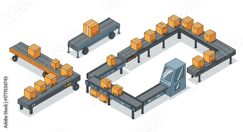 Isometric conveyor belt system with boxes in warehouse setting for logistic and industrial themes