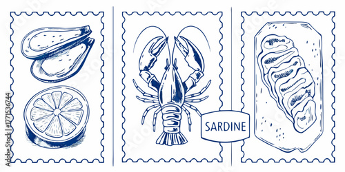 Collection of hand drawn seafood and citrus illustrations in stamp format