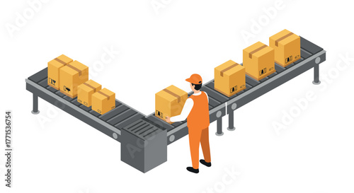Isometric conveyor belt with worker handling cardboard boxes in warehouse setting