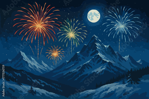 New year's eve fireworks display over majestic mountains at night celebratory vibrant atmosphere