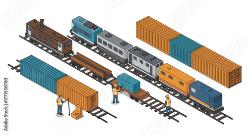 Isometric freight train on railway with workers and cargo containers in detailed logistic setup
