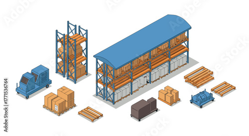 Isometric warehouse storage design with shelves and equipment