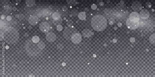 Soft bokeh lights and falling snowflakes on a transparent dark grid background