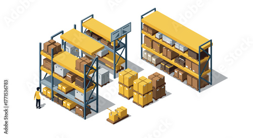 Isometric warehouse shelving with boxes and packages on racks