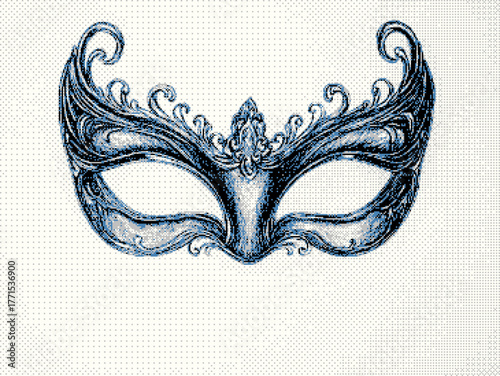Intricately designed blue masquerade mask with elegant swirls and embellishments