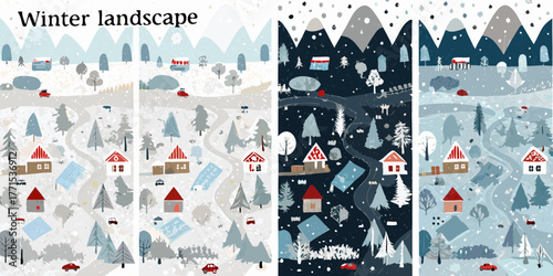 Charming winter village scenes with snow falling and cozy houses and cars