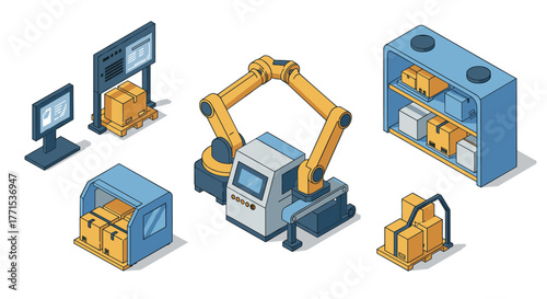 Isometric warehouse automation robotic arm with boxes and monitors