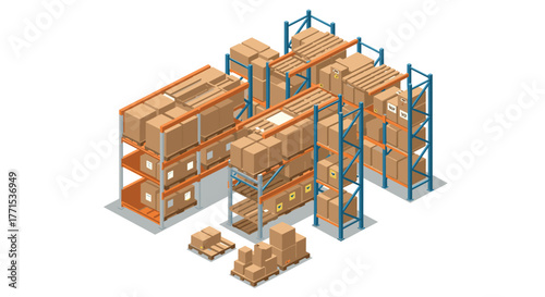 Efficient warehouse storage system with pallet racks and cardboard boxes in isometric style