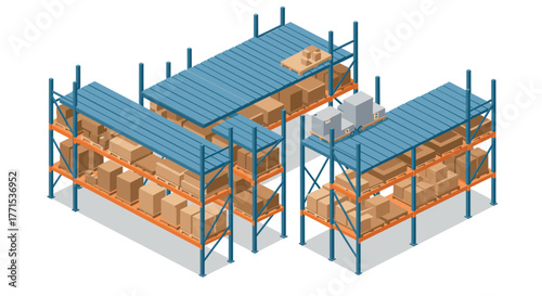 Isometric warehouse storage with shelves and boxes