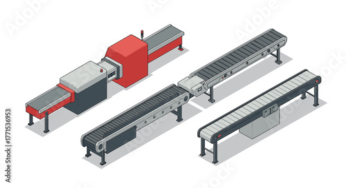 Industrial conveyor belt machines in isometric design for manufacturing solutions
