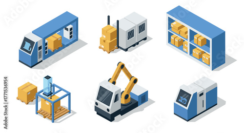 Isometric logistic equipment set with delivery trucks and warehouse tools