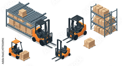 Isometric forklift and warehouse shelving with boxes and pallets