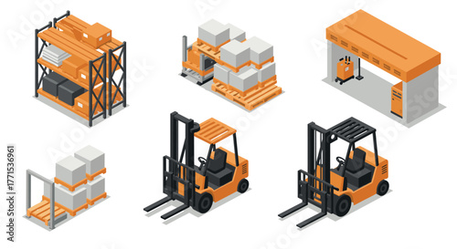Isometric forklift and warehouse equipment set for logistics and storage design