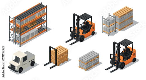 Isometric warehouse equipment collection featuring forklifts and pallet racks