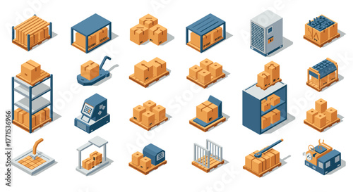 Isometric warehouse icons logistics, equipment, and storage solutions