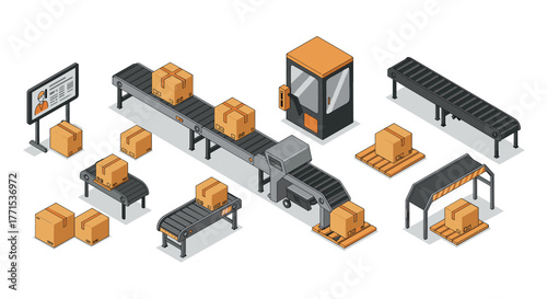 Isometric automated conveyor system with cardboard boxes and packaging elements