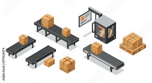 Warehouse automation with conveyor belts and packaging equipment in isometric design