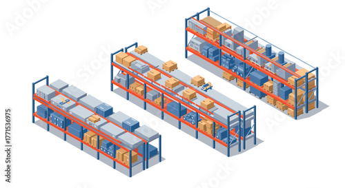 Isometric warehouse shelves with packed boxes and industrial supplies