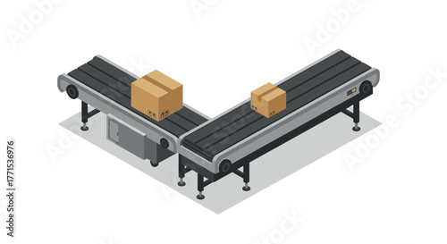 Isometric conveyor belt with cardboard boxes on white background