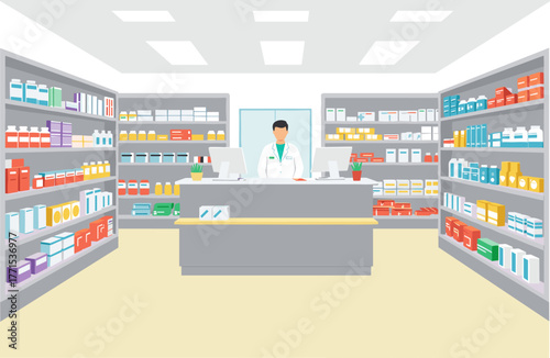 Pharmacy operations overview retail space digital organized environment frontal perspective healthcare concept