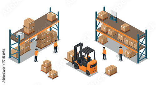 Warehouse management with forklift and workers in isometric style