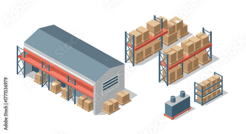 Isometric warehouse storage with shelving and boxes