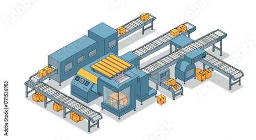 Modern isometric conveyor system in a factory setting for automation and packaging