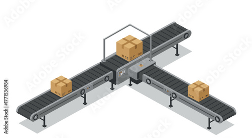 Isometric conveyor belt system with moving boxes in a modern warehouse setting