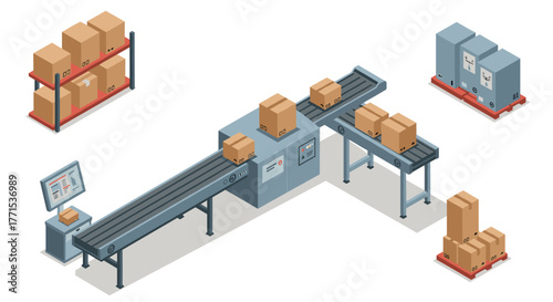 Isometric warehouse conveyor system with cardboard boxes and packaging equipment