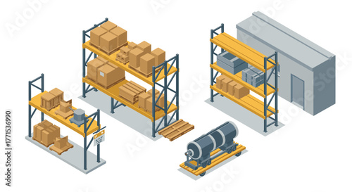Industrial warehouse interior with shelving units and carton boxes in isometric design