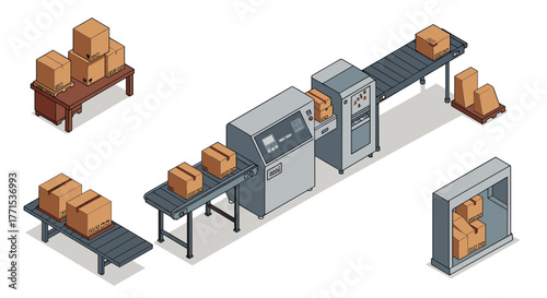 Isometric packaging facility with conveyor belt and automated machines
