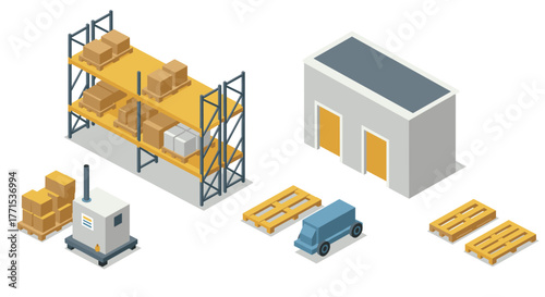 Isometric warehouse elements with shelving, pallets, and delivery truck for logistics designs