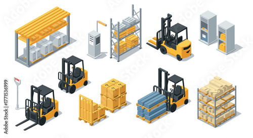 Isometric warehouse equipment with forklifts and storage solutions in modern logistics
