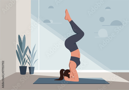 Yoga pose practice home digital calm environment side view fitness concept