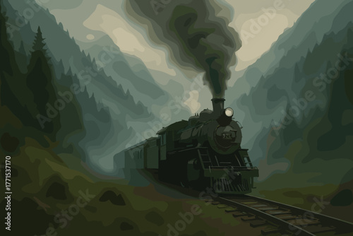 Steam train journey through misty mountains scenic landscape digital dramatic environment artistic view