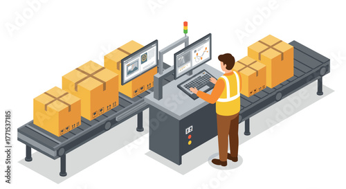 Worker at conveyor belt packing station with computer monitors in factory setting