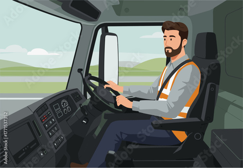 Truck driver operating vehicle on open road digital transport environment front view professional concept