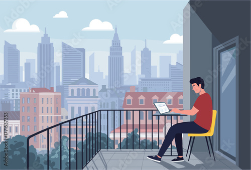 Working on a laptop from a balcony with city view urban environment digital lifestyle modern setting