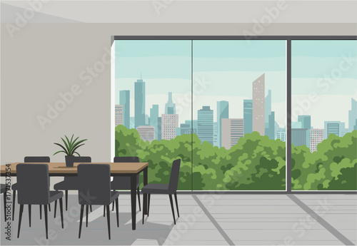 Modern dining room with city view apartment interior digital urban environment wide angle contemporary design