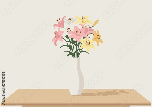 Elegant lily bouquet arrangement indoor setting digital minimalist design soft color palette