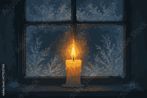 Candle flickering in snowy window cozy winter atmosphere digital serene indoor scene