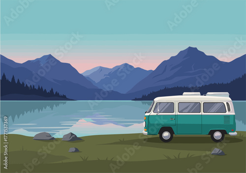 Adventure road trip van by serene lake in majestic mountains nature landscape colorful evening sky