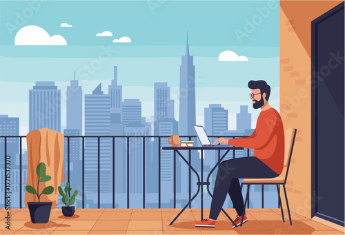 Freelance work session with a city view urban balcony digital workspace morning light professional focus