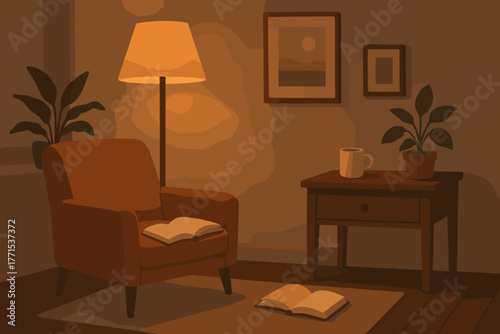 Cozy reading nook with warm lighting living room digital relaxed atmosphere eye-level view comfort concept