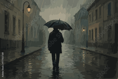 Walking in the rain with an umbrella city streets digital urban environment dramatic viewpoint contemplation