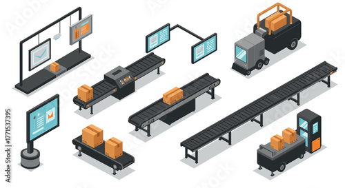 Isometric warehouse automation with conveyor belts and package delivery systems