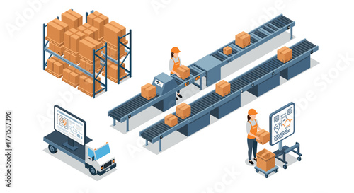Isometric warehouse automation with workers and conveyor belts