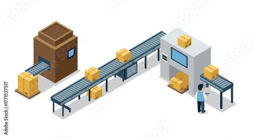 Isometric warehouse automation with conveyor belt and packaging system