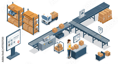 Modern warehouse automation with conveyor system and packaging processing